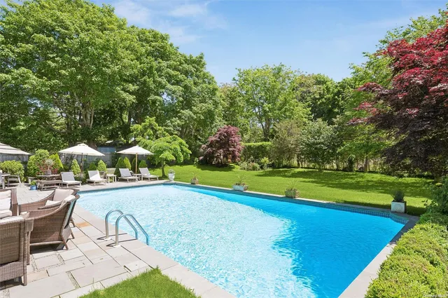 a view of a swimming pool and lounge chair