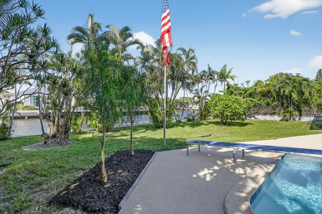 a view of a park with large trees