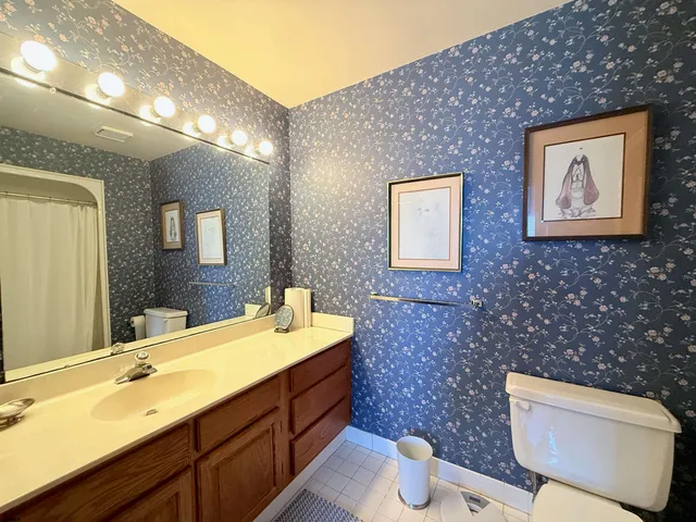 a bathroom with a double vanity sink toilet and mirror