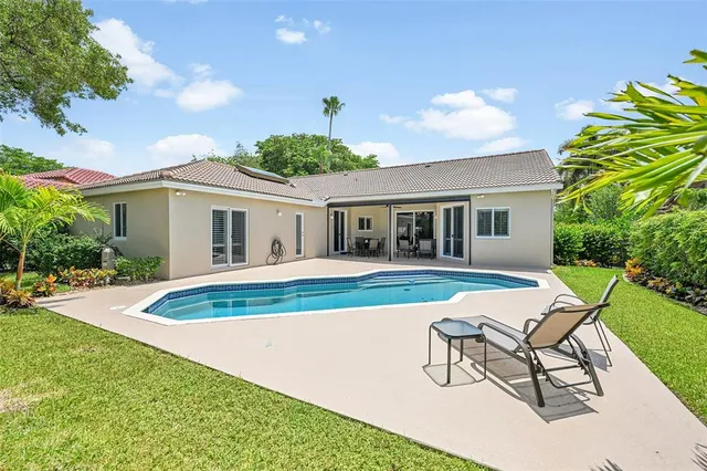 a view of house with swimming pool outdoor seating