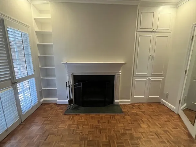 a living room with a fireplace