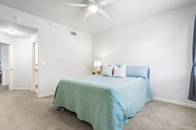 a bedroom with a bed and a ceiling fan