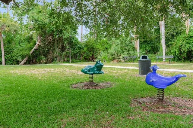a garden view with a seating space