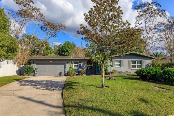 a view of a house with yard and a tree