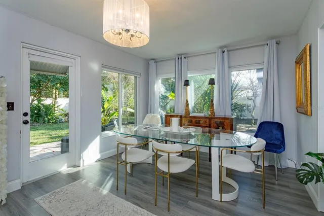 a view of a dining room with furniture window and outside view