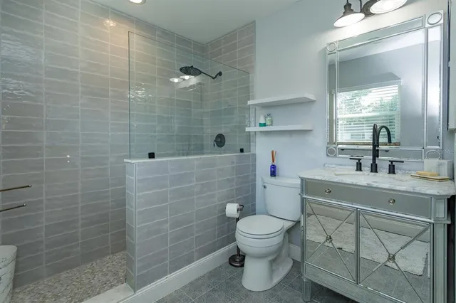 a bathroom with a toilet sink vanity and shower