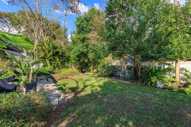 a view of a yard with plants and trees