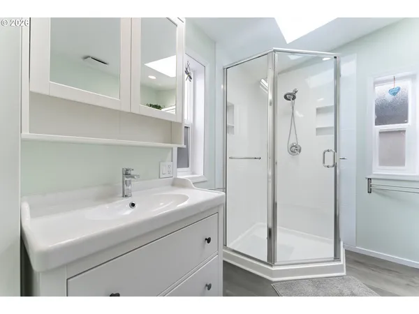 a bathroom with a sink a mirror a shower and vanity