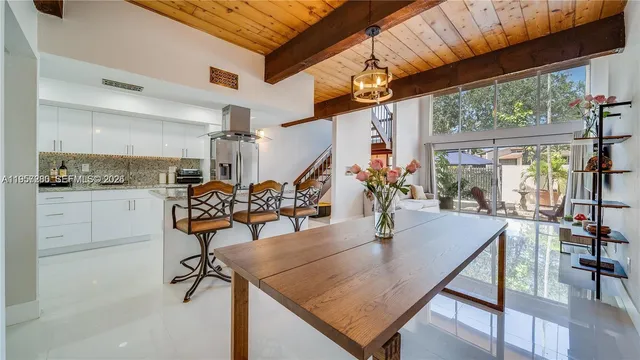 a view of a dining room with furniture window and outside view