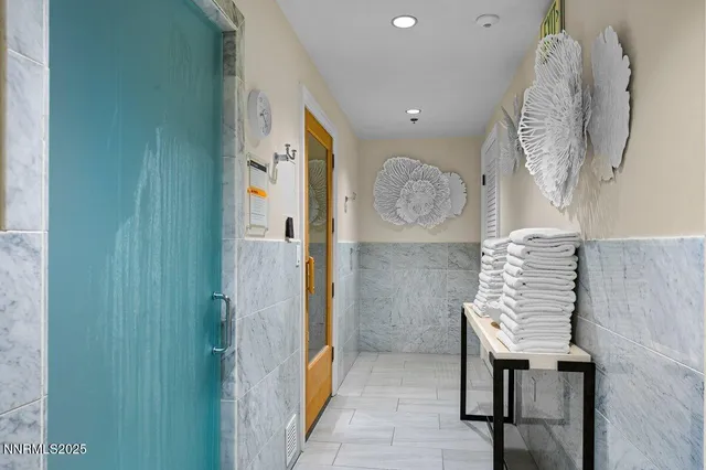 a view of a hallway with elevator