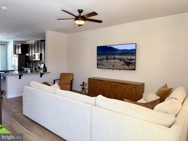 a living room with furniture and a ceiling fan