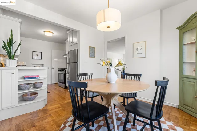 a view of a dining room with furniture