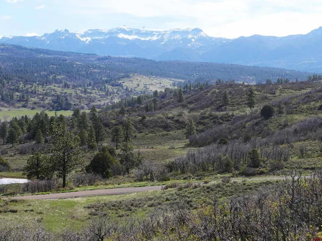an aerial view of mountains in middle of forest