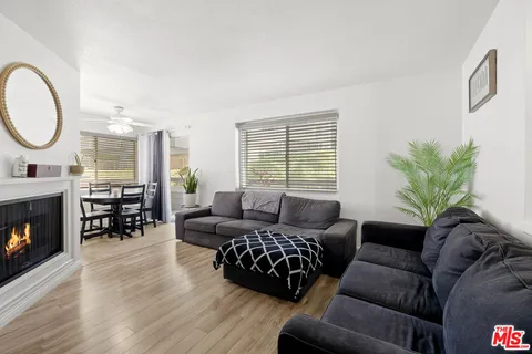 a living room with furniture a fireplace a window and a potted plant