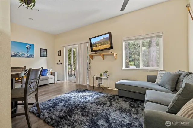 a living room with furniture a rug and a window