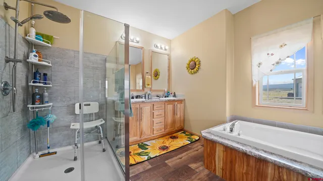 a bathroom with a tub sink and mirror