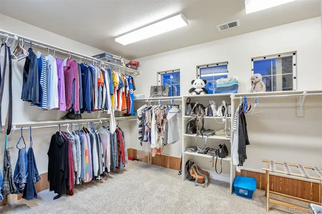 a view of walk in closet with clothes and shoes