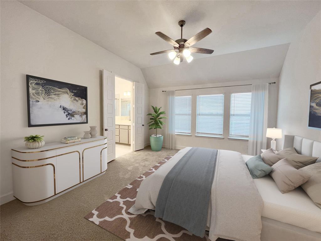 4315 Hudson Street Fate, TX 75087 - Photo 14 of 15 a bedroom with a large bed and a chandelier
