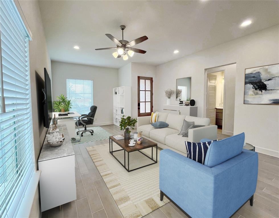4315 Hudson Street Fate, TX 75087 - Photo 6 of 15 a living room with furniture and a chandelier