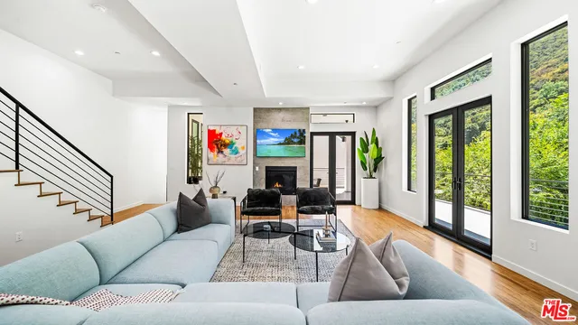 a living room with furniture or window and a fireplace