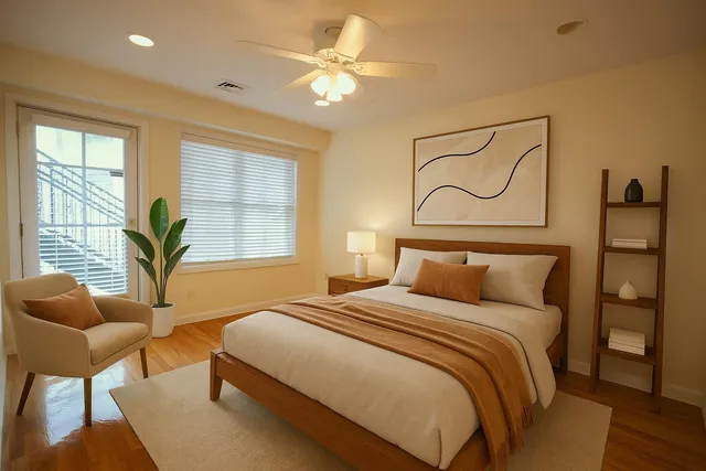 a bedroom with a bed furniture and a window