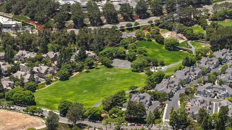 an aerial view of residential houses with outdoor space and trees