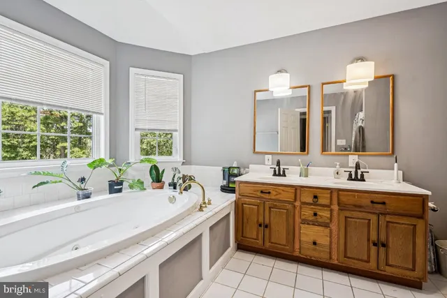 a bathroom with a double vanity sink a large mirror and bathtub