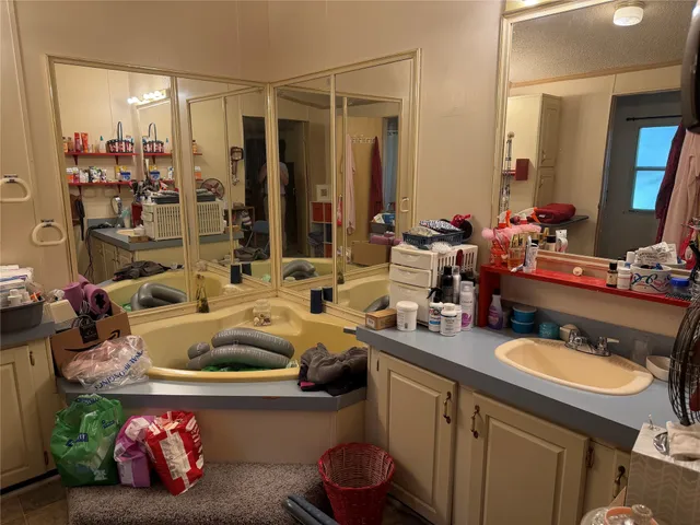 a bathroom with a sink double vanity and a mirror