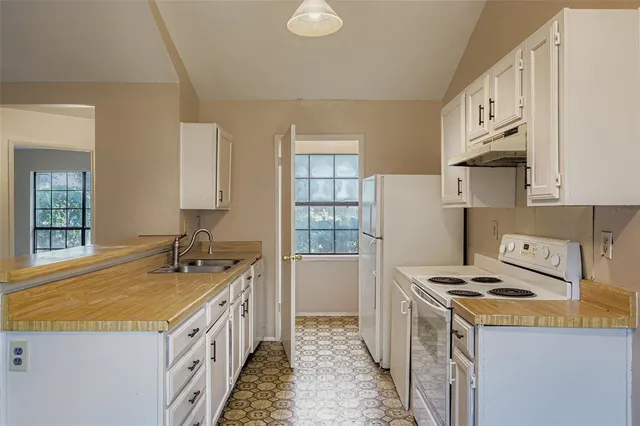 a kitchen with a stove a sink and a refrigerator