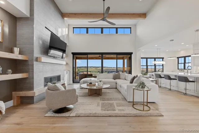 a living room with large window