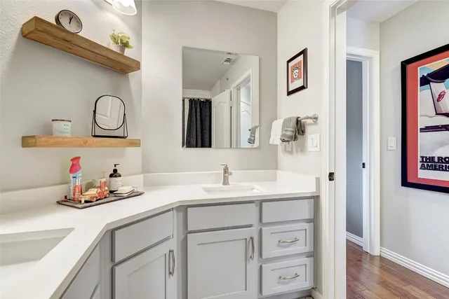 a bathroom with a sink vanity and a mirror