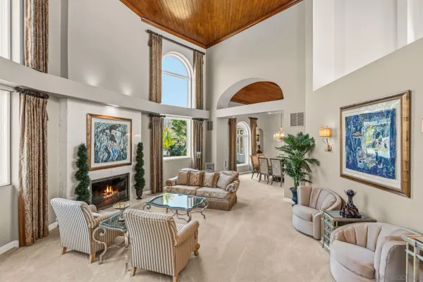 a living room with furniture a fireplace and windows