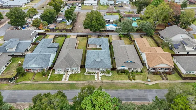 an aerial view of a swimming pool