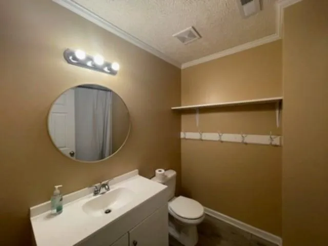 a bathroom with a sink mirror vanity and toilet