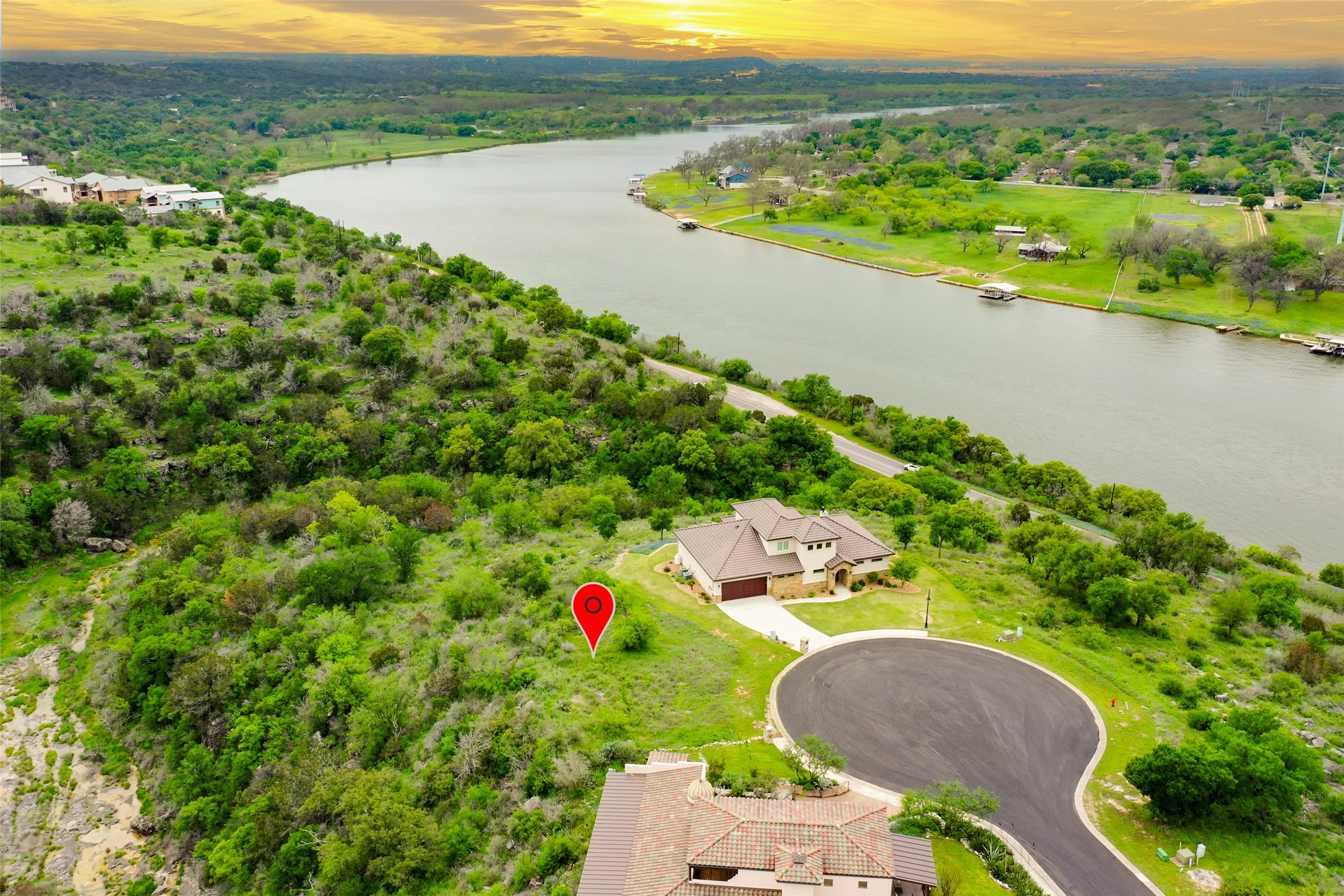 Aerial view at dusk with a water view