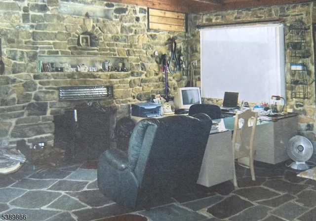 a dining room with couches and painted walls