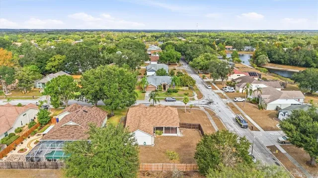 an aerial view of residential houses with outdoor space and trees