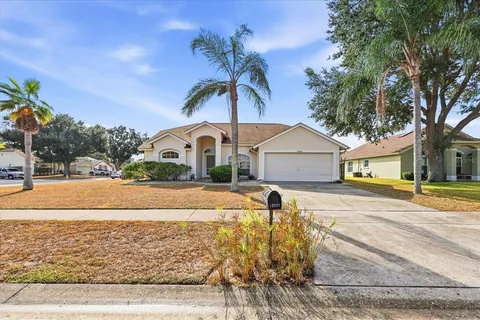 a view of a street with a building and a palm tree