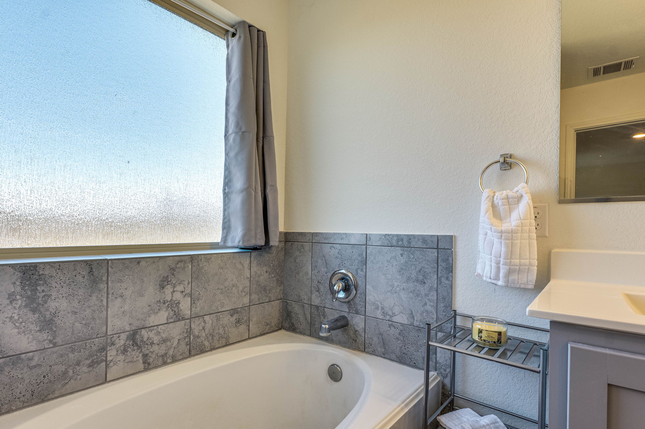 557 Greatest Gift Way Jarrell, TX 76537 - Photo 25 of 39 Full bath featuring vanity, a garden tub, and a textured wall