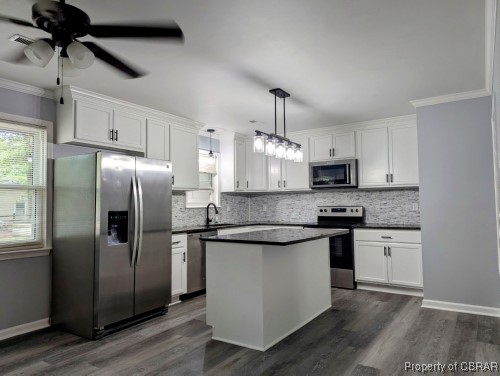 Kitchen with appliances with stainless steel finishes, white cabinets