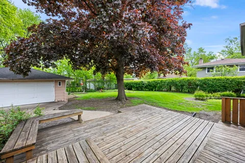 a park view with a table and chairs and potted plants