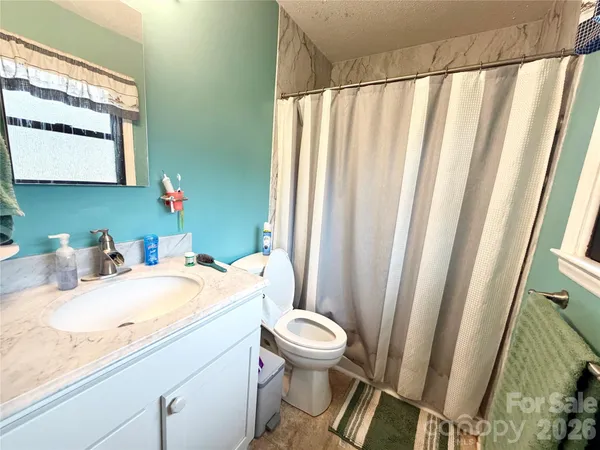 a bathroom with a granite countertop sink toilet and a mirror