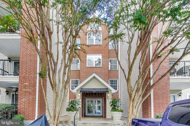 a view of a brick house with large windows and a large tree