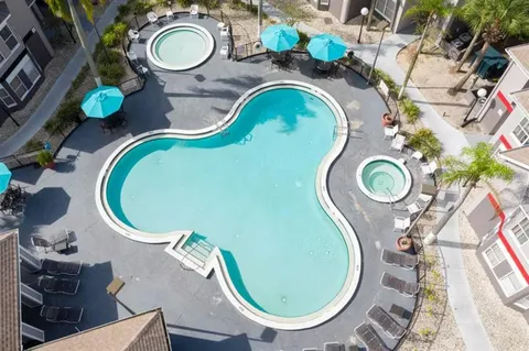 an outdoor space with seating