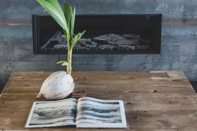 a kitchen with a large counter top space