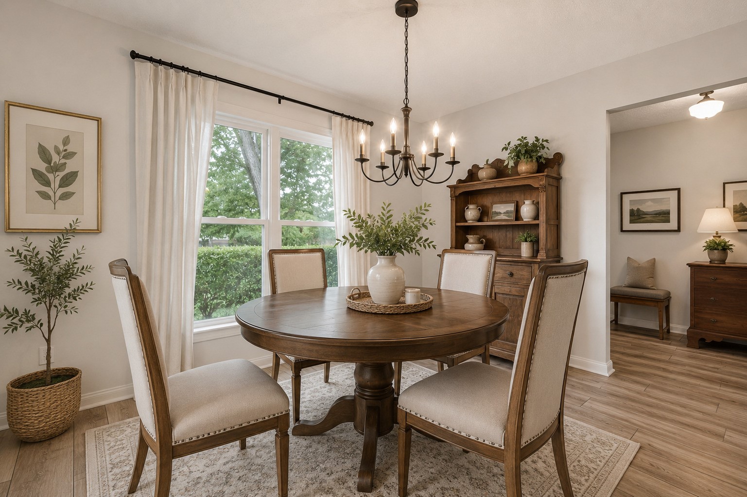 1004 Wagon Road Simonton, TX 77485 - Photo 15 of 40 From this angle, the dining area's warm and welcoming character shines through, with a large window offering a peaceful view of the greenery outside. The elegant chandelier overhead adds a touch of charm, while the open connection to the adjacent hallway ensures a smooth and functional flow throughout the home. (Virtually enhanced)