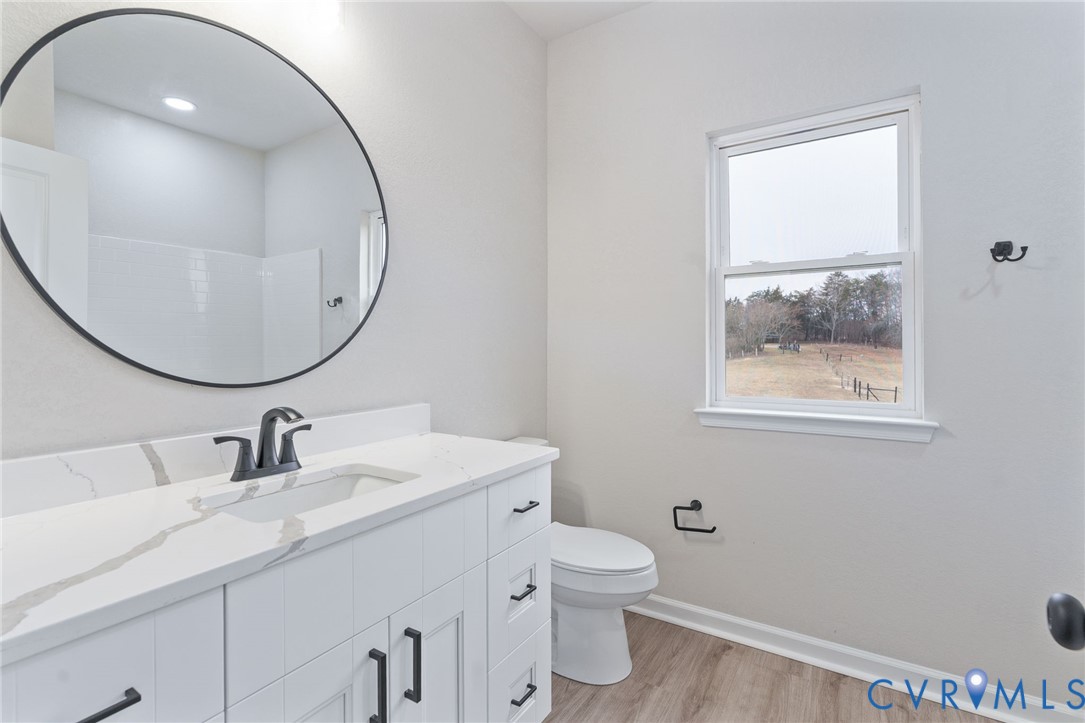 63 Hatcher Road Powhatan, VA 23139 - Photo 36 of 48 a bathroom with a toilet a sink a mirror and a window