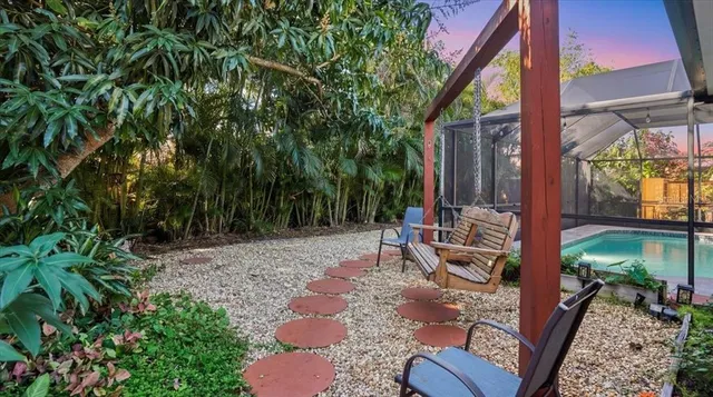 a view of a patio in backyard