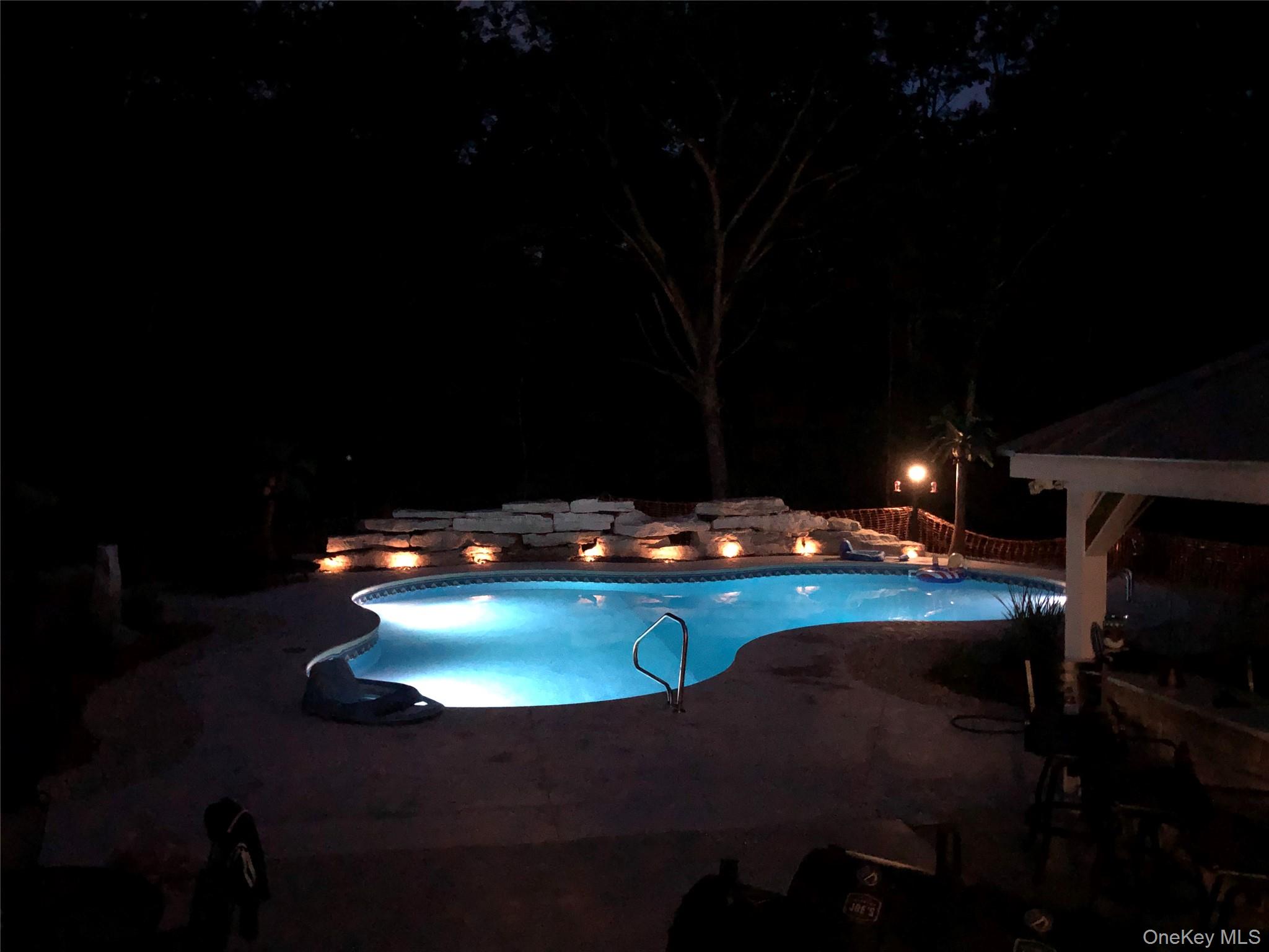 95 Weed Road Pine Bush, NY 12566 - Photo 29 of 31 Freeform swimming pool with integrated lighting, natural stone rockery, and surrounding hardscaping
