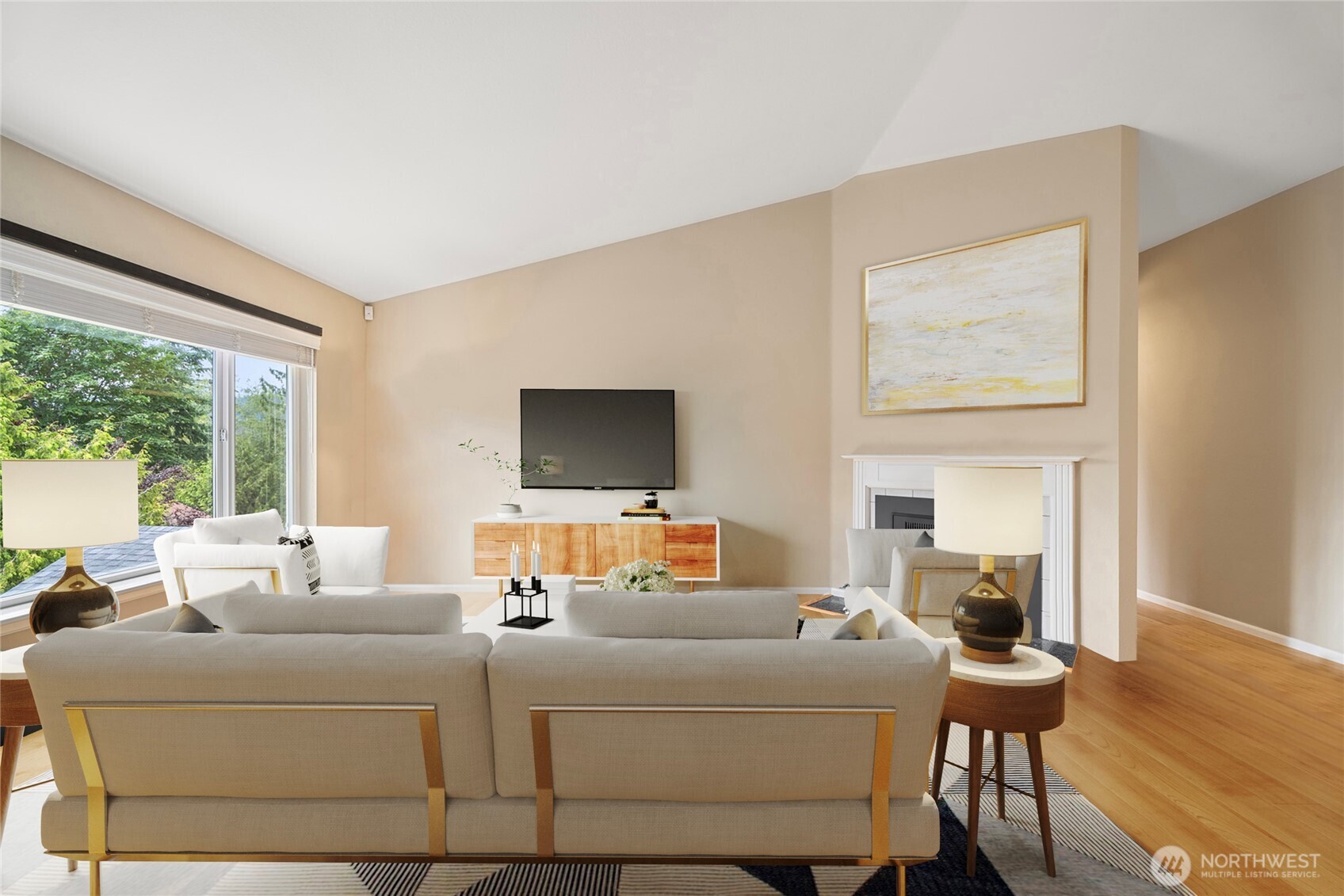 1000 Samish Way Bellingham, WA 98229 - Photo 5 of 40 a living room with furniture a large window and a flat screen tv